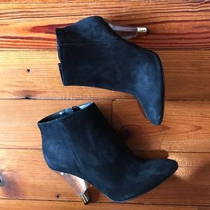Schutz black suede booties with clear heel